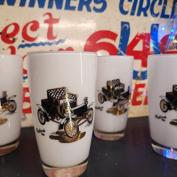 Vintage Car Tumblers Glasses White Rambler Chevrolet Packard Dodge Set Of 4 - Picture 2 of 5
